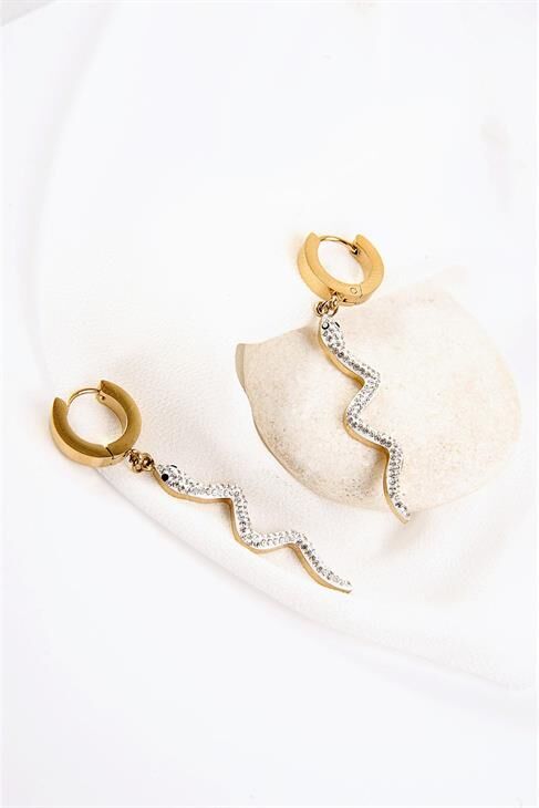 Yılan Tasarımlı Zirkon Taşlı Gold ve Gümüş Kaplamalı Çelik Sallantılı Küpe