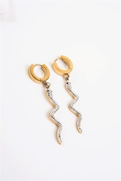 Yılan Tasarımlı Zirkon Taşlı Gold ve Gümüş Kaplamalı Çelik Sallantılı Küpe