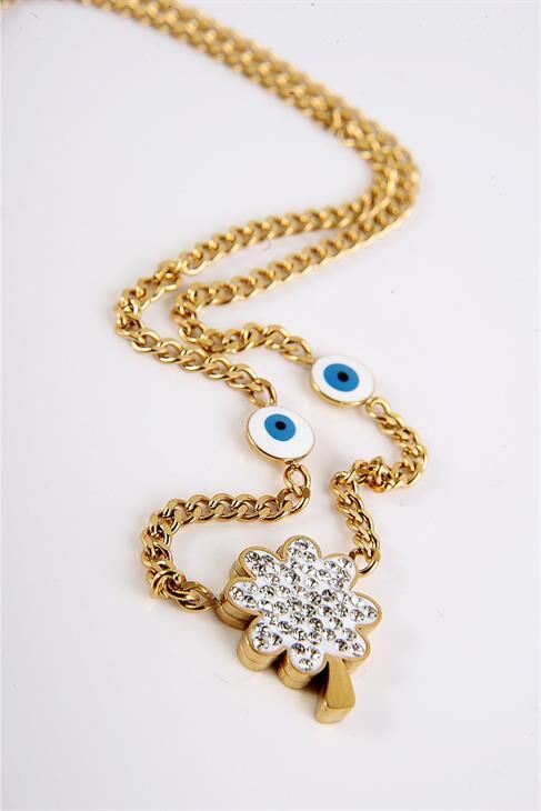 Çelik Yonca Tasarımlı Zirkon Taşlı Gold ve Gümüş Renkleri Çelik Kolye