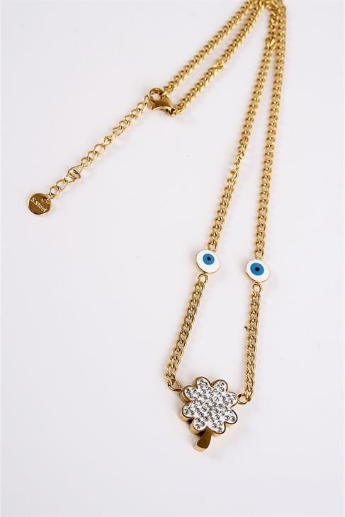 Çelik Yonca Tasarımlı Zirkon Taşlı Gold ve Gümüş Renkleri Çelik Kolye