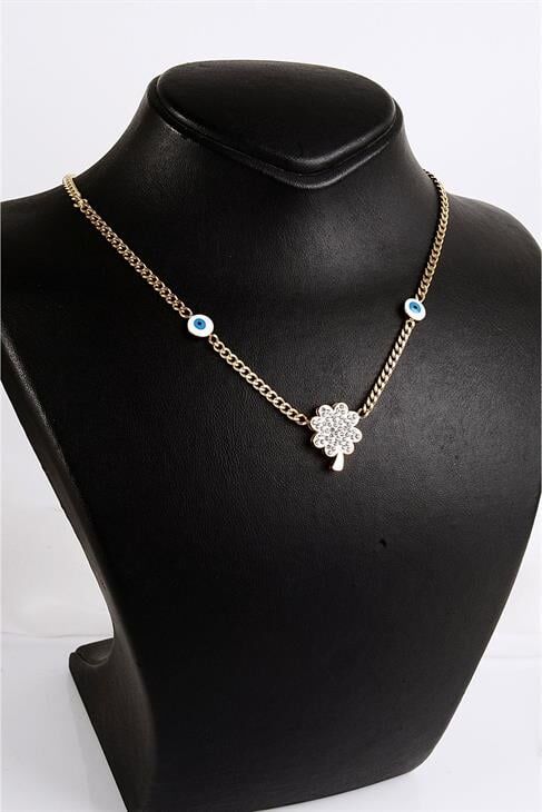 Çelik Yonca Tasarımlı Zirkon Taşlı Gold ve Gümüş Renkleri Çelik Kolye