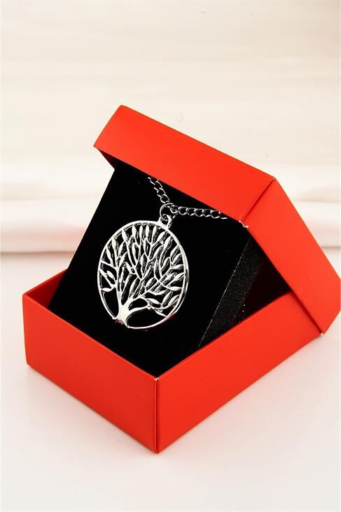 Kutulu Yaşam Ağacı Tasarımlı Gümüş Renkli Zincirli Kolye