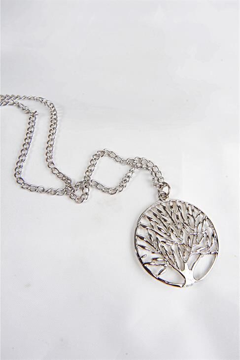 Kutulu Yaşam Ağacı Tasarımlı Gümüş Renkli Zincirli Kolye