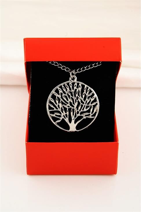 Kutulu Yaşam Ağacı Tasarımlı Gümüş Renkli Zincirli Kolye