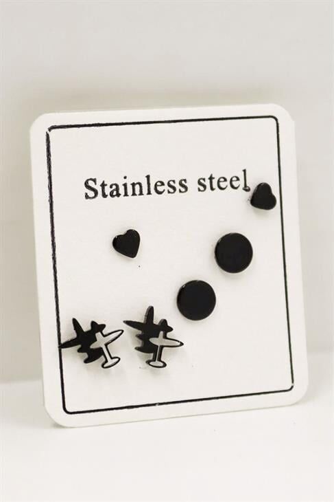 Paslanmaz Kararmaz Çelik Uçak Tasarımlı Kalp ve Daire Küpeli 3lü Çelik Küpe Seti