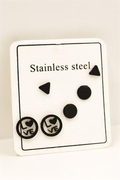 Paslanmaz Kararmaz Çelik Love Yazılı Daire ve Üçgen Küpeli 3lü Çelik Küpe Seti