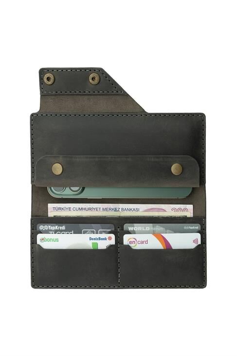 Isminizin Baş Harflerine Özel Crazy Deri Uzun Çıtçıtlı Cüzdan - Antrasit