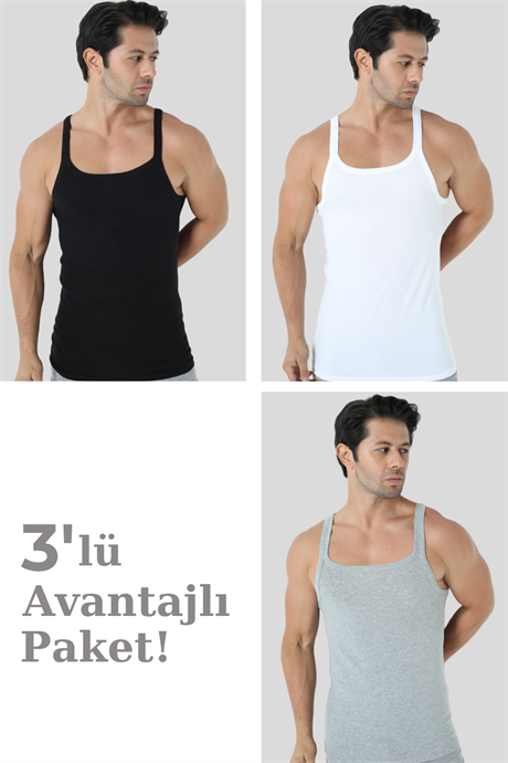 Erkek Renkli İnce Askılı Atlet 3'lü Paket Pamuklu Ribana Esnek Kumaş