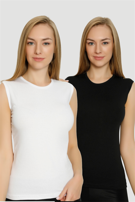 Kadın Pamuklu Likralı Bisiklet Yaka Kolsuz Tişört Beyaz - Siyah 2'li Set