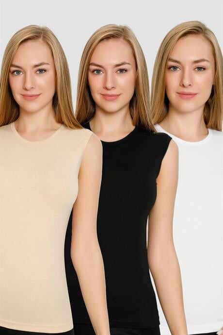 Kadın Pamuklu Likralı Bisiklet Yaka Kolsuz Tişört 3'lü Beyaz Siyah Ten