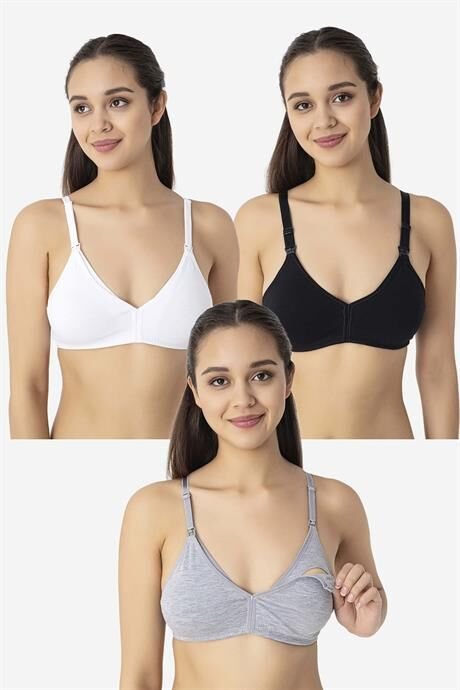 3 Adet Siyah Beyaz Gri Kadın Pamuklu Emzirme Sütyeni Balensiz Esnek Yumuşak Kumaş