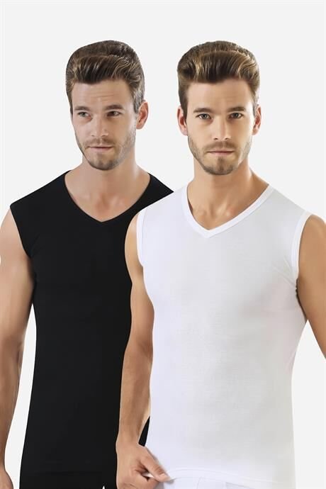 Erkek Siyah - Beyaz Tişört Sıfır Kol V Yaka Kolsuz Atlet 2'li Paket %100 Pamuklu