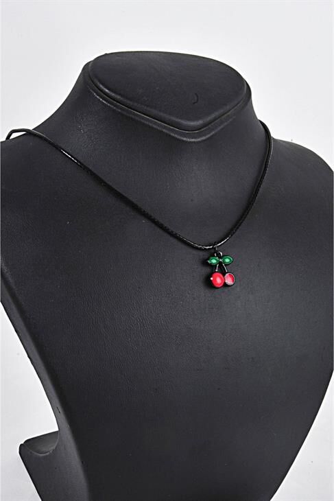 Siyah Kiraz Tasarımlı Kadın Kız Çocuk Deri Ipli Kolye