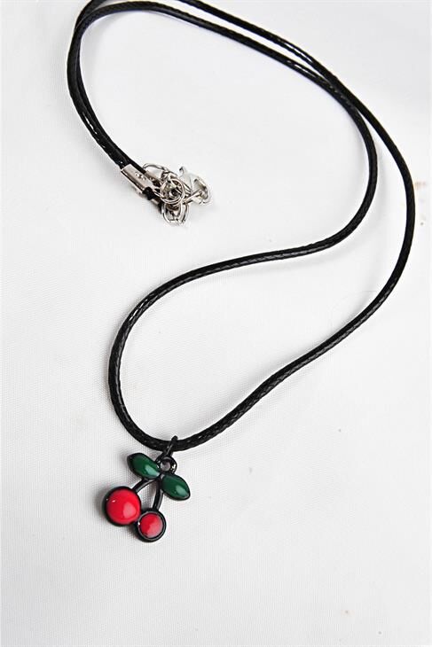 Siyah Kiraz Tasarımlı Kadın Kız Çocuk Deri Ipli Kolye