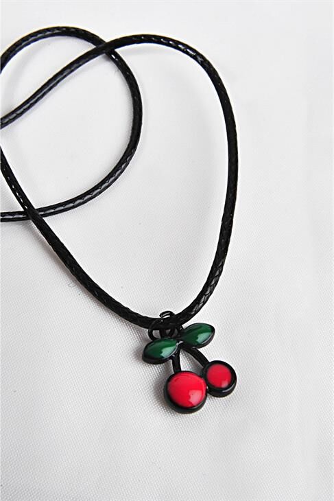 Siyah Kiraz Tasarımlı Kadın Kız Çocuk Deri Ipli Kolye