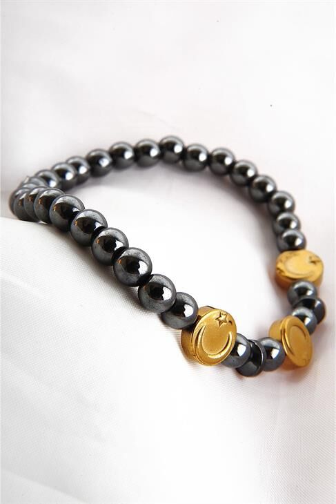 Ay Yıldızlı Gold Ve Füme Taşlı Unisex Taşl Boncuklu Bileklik
