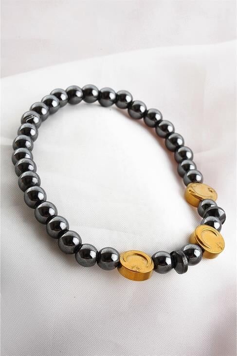 Ay Yıldızlı Gold Ve Füme Taşlı Unisex Taşl Boncuklu Bileklik
