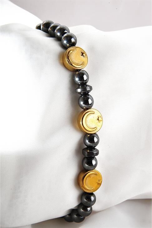Ay Yıldızlı Gold Ve Füme Taşlı Unisex Taşl Boncuklu Bileklik