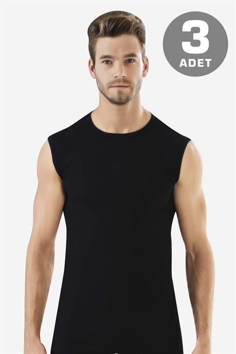 3'lü Paket Siyah Kolsuz Erkek Atlet Yuvarlak Yaka Sıfır Kol Tişört %100 Pamuklu