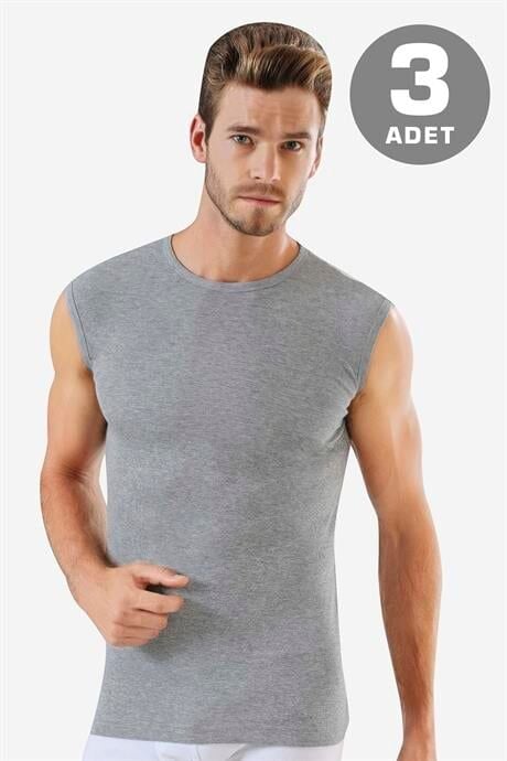 3'lü Paket Gri Kolsuz Erkek Atlet Yuvarlak Yaka Sıfır Kol Tişört %100 Pamuklu