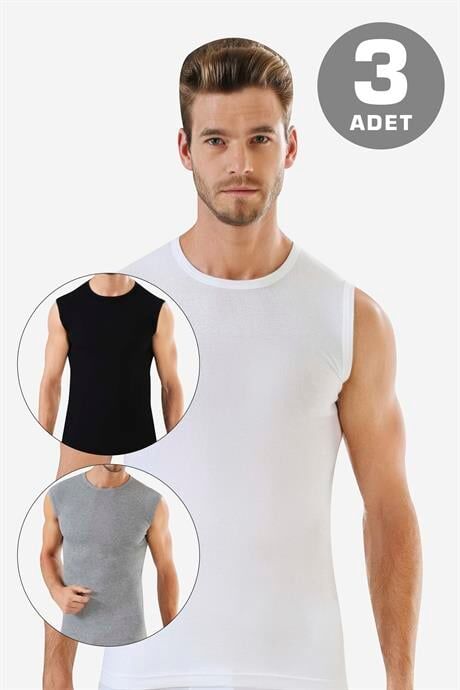 3'lü Paket Kolsuz Erkek Atlet Yuvarlak Yaka Sıfır Kol Tişört %100 Pamuklu Beyaz Siyah Gri