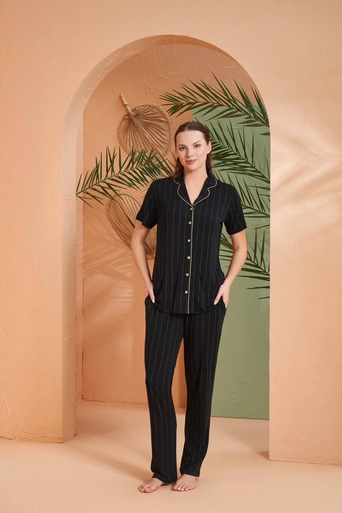 Pjs 27042 Kadın Kısa Kol Çizgili Önü Düğmeli Pijama Takımı