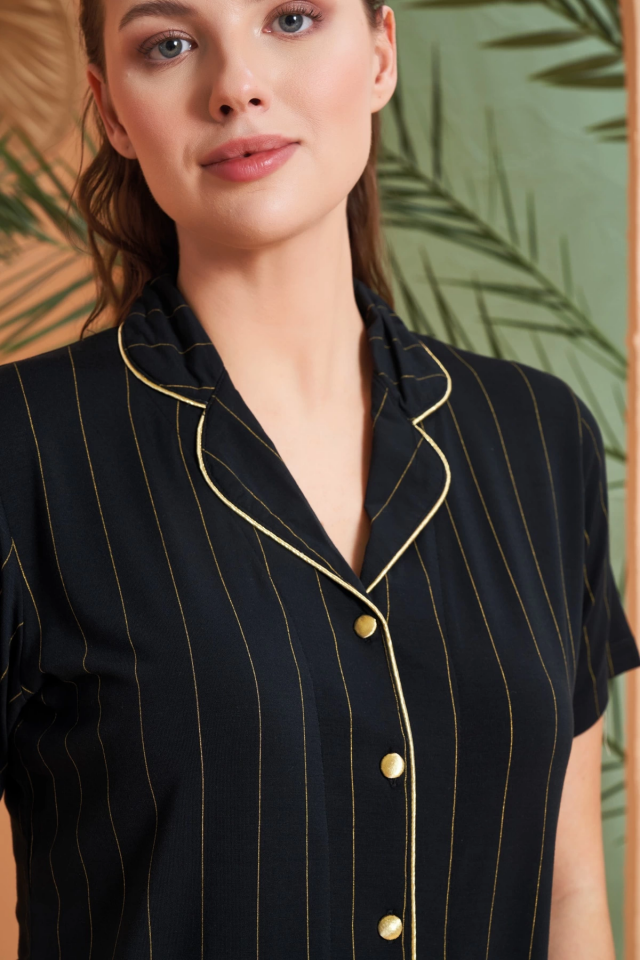 Pjs 27042 Kadın Kısa Kol Çizgili Önü Düğmeli Pijama Takımı