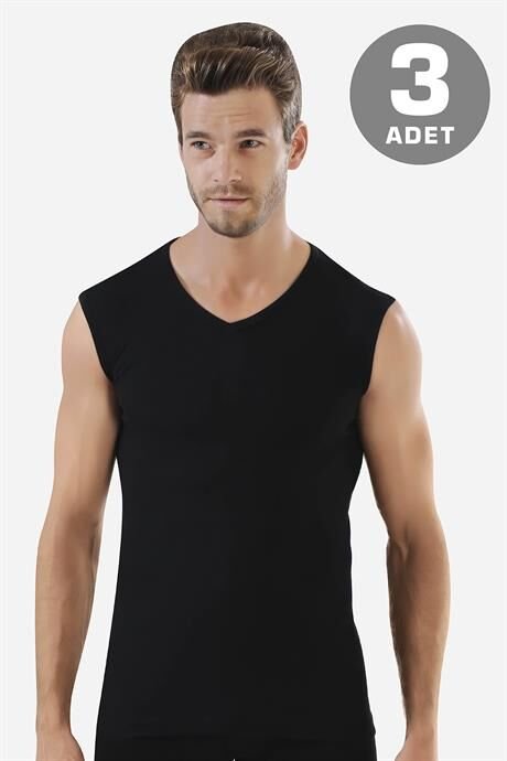 3 Adet Siyah Kolsuz Erkek Atlet V Yaka Sıfır Kol Tişört %100 Pamuklu