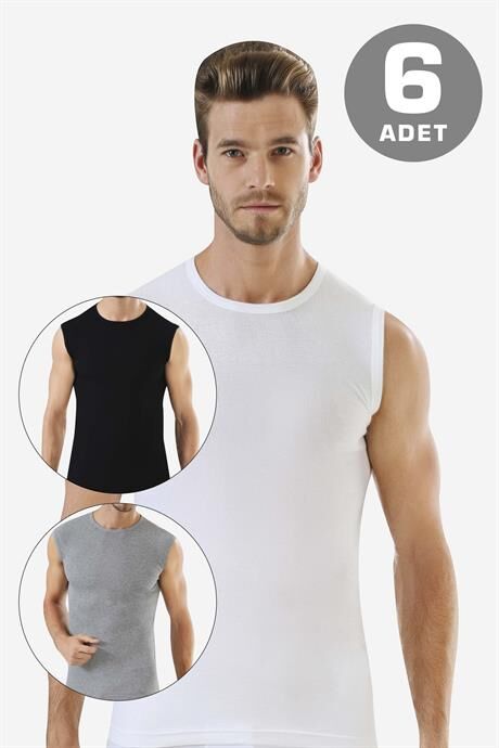 6 Adet Renkli Kolsuz Erkek Atlet Yuvarlak Yaka Sıfır Kol Tişört %100 Pamuklu