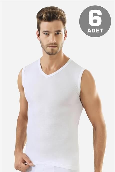 6 Adet Beyaz Kolsuz Erkek Atlet V Yaka Sıfır Kol Tişört %100 Pamuklu