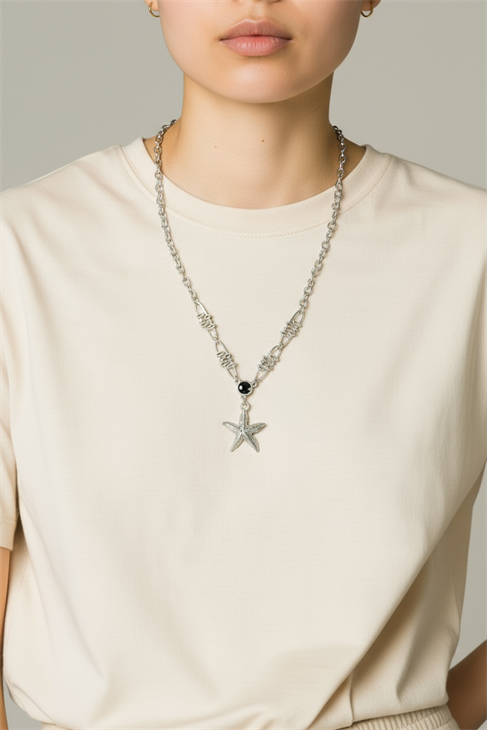 ÖZEL TASARIMLI GÜMÜŞ KAPLAMALI DENİZ YILDIZI TASARIMLI GÜMÜŞ KAPLAMA ZİNCİR KOLYE