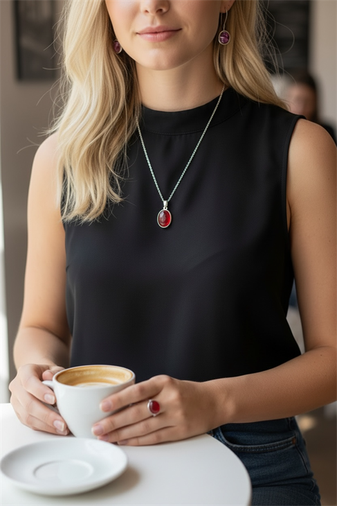 EUROMODA 925 AYAR ÖZEL TASARIMLI KIRMIZI OVAL TAŞLI GÜMÜŞ TAKIM