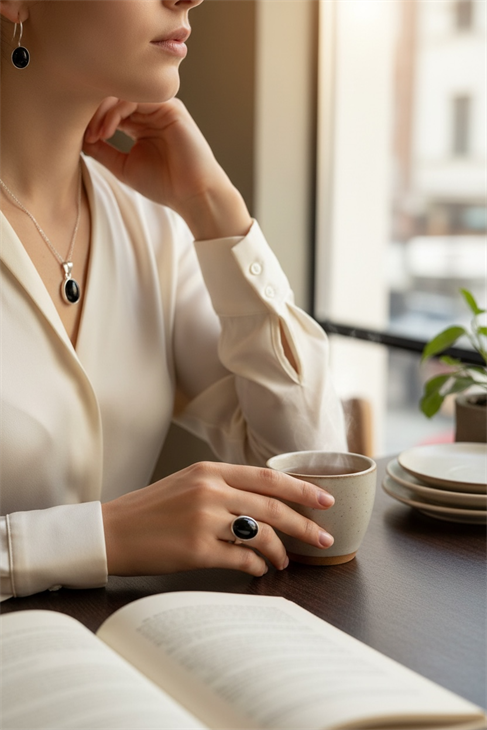 EUROMODA  ÖZEL TASARIMLI  925 AYAR GÜMÜŞ SİYAH OVAL TAŞLI  TAKIM