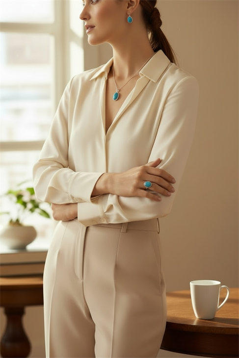 EUROMODA ÖZEL TASARIMLI  925 AYAR MAVİ GÜMÜŞ OVAL TAŞLI TAKIM