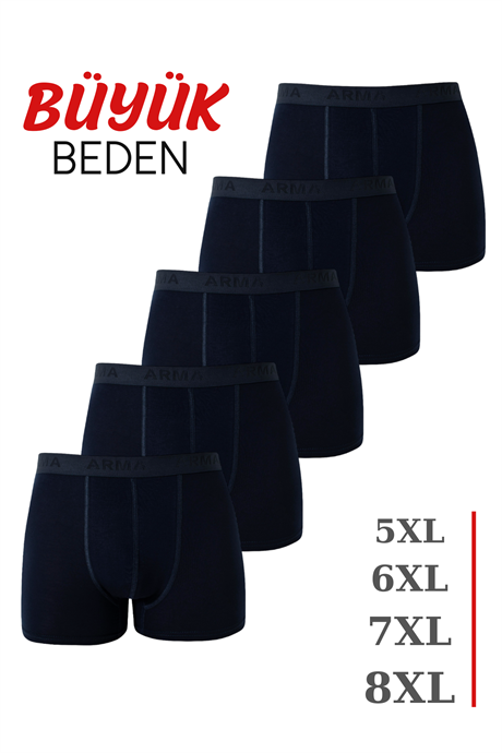Erkek Lacivert Büyük Beden Boxer Pamuklu Likralı Yumuşak ve Esnek Kumaş 5'li Paket