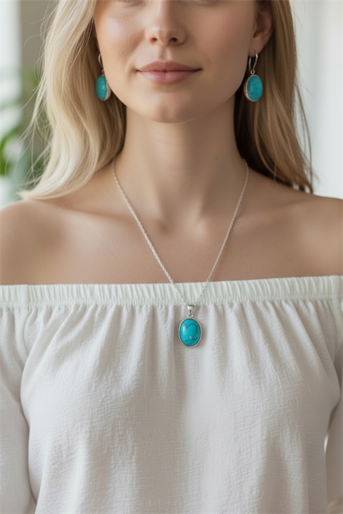 EUROMODA ÖZEL TASARIMLI  925 AYAR GÜMÜŞ  MAVİ  OVAL TAŞLI SİYAH ÇİZGİLİ TAKIM