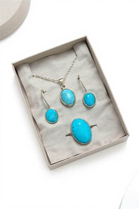 EUROMODA ÖZEL TASARIMLI  925 AYAR GÜMÜŞ  MAVİ  OVAL TAŞLI SİYAH ÇİZGİLİ TAKIM