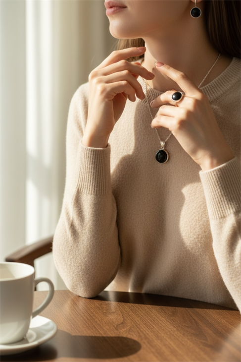 EUROMODA ÖZEL TASARIMLI 925 AYAR GÜMÜŞ  YUVARLAK SİYAH TAŞLI TAKIM