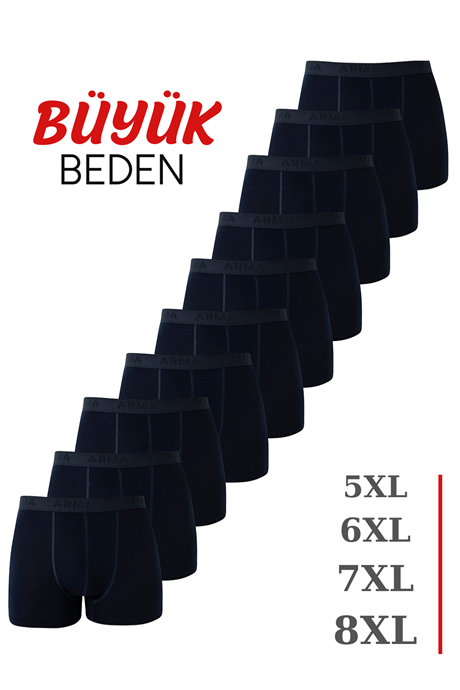 Erkek Lacivert Büyük Beden Boxer Pamuklu Likralı 10'lu Paket