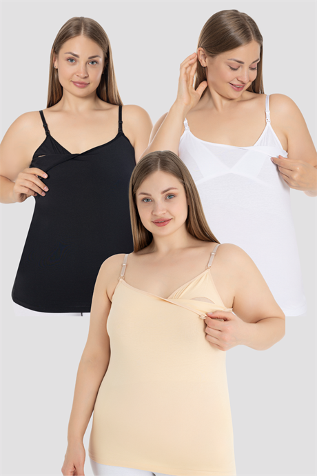 3 Adet Emzirme Atleti Pamuklu Likralı Beyaz Siyah Ten