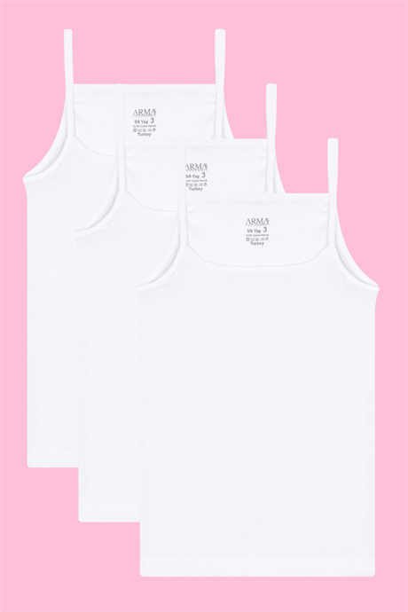 Kız Çocuk İp Askılı Atlet Beyaz 3'lü %100 Pamuk Ribana Yumuşak ve Esnek Kumaş