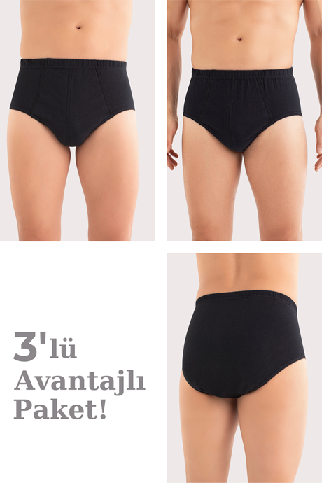 Erkek Pamuklu Külot Düz Siyah Beli Lastikli 3'lü Paket