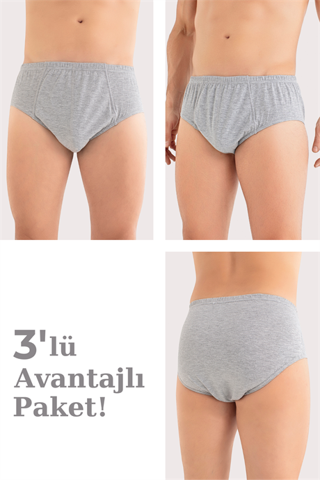 Erkek Pamuklu Külot Düz Gri Beli Lastikli 3'lü Paket