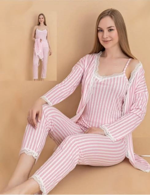 Stil Moda 6064 Kadın Çizgili Askılı Sabahlıklı Pijama Takımı