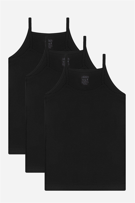 Kız Çocuk İp Askılı Atlet Siyah 3'lü %100 Pamuk Ribana Yumuşak ve Esnek Kumaş