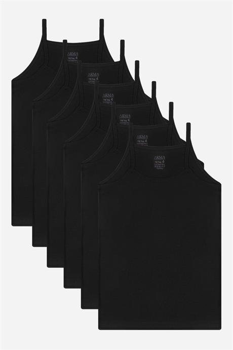 6'lı Paket Kız Çocuk Atlet Siyah İp Askılı %100 Pamuk Ribana Yumuşak Esnek Kumaş