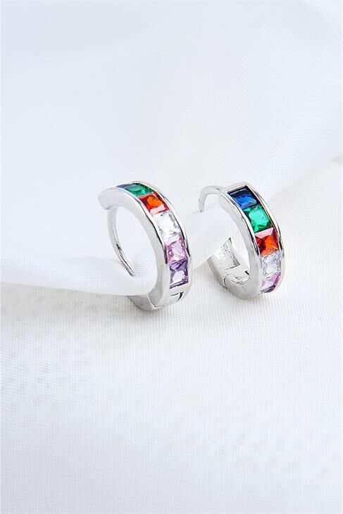 Çok Renkli Zirkon Taşlı Gümüş Kaplamalı Kancalı Küpe