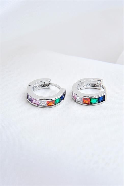 Çok Renkli Zirkon Taşlı Gümüş Kaplamalı Kancalı Küpe