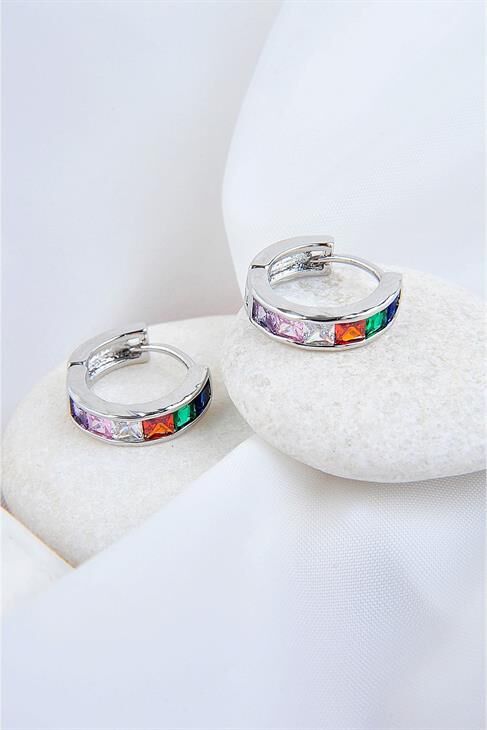 Çok Renkli Zirkon Taşlı Gümüş Kaplamalı Kancalı Küpe