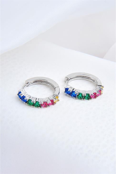 Çok Renkli Zirkon Taşlı Gümüş Kaplamalı Kancalı Küpe